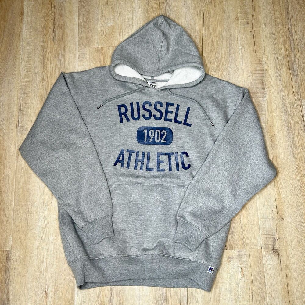 Russell Athletic Hoodie Mens Medium Gray Spell Out Logo Sweatshirt Vgt